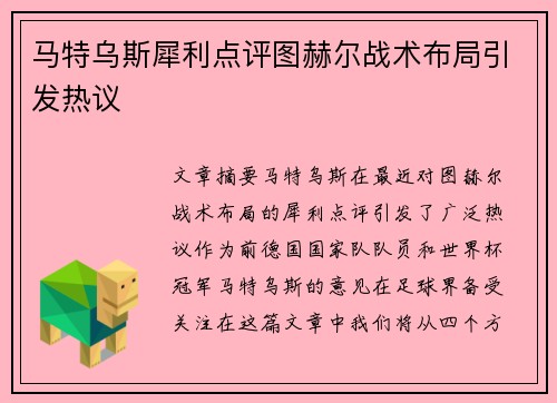 马特乌斯犀利点评图赫尔战术布局引发热议
